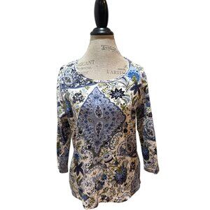 Tee Co Blue, Green & White 3/4 Sleeve Round Neck Beaded Floral Top Women's XL